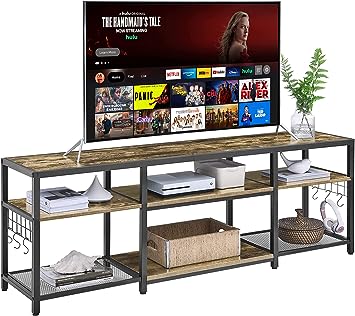 VECELO TV Stand for Televisions up to 75 Inch, Industrial Entertainment Center with 3-Tier Open Storage Shelves& Hooks for Living, Bedroom and Gaming Room, 70 Inch, Brown