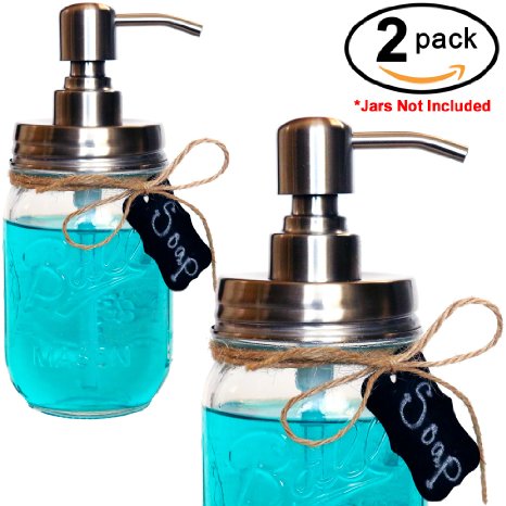 Deluxe Mason Jar Soap Dispensers & Chalkboard Tags by Country Pear: Satin Stainless Steel & Rust Proof Coating (2-Pack)