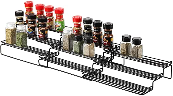 X-Chef Expandable Spice Rack for Cabinet, 3 Tier Spice Organizer for Cabinet Kitchen Pantry Countertop, 12.6" to 37.8", Step Shelf with Protection Railing, Premium Steel, Black, 3 Packs