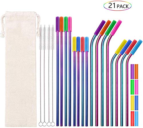 Reusable Straws Stainless Steel Straws with Silicone Tips Rainbow Metal Straws with Case Cleaning Brush Drinking Straws 8.5 10.5 Inch Extra Long for 20 30oz Tumbler (Rainbow)