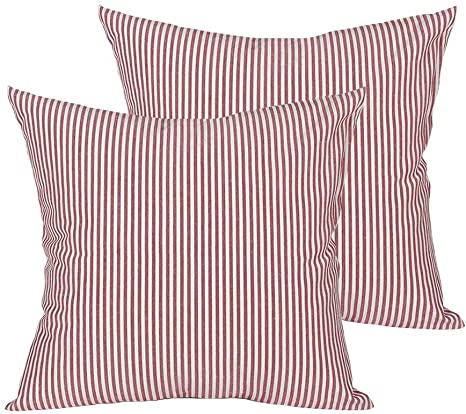 Shamrockers Farmhouse Striped Throw Pillow Cover Decorative Cotton Linen Ticking Stripe Cushion Pillowcase (18”x18”, Wine Red, Pack of 2)