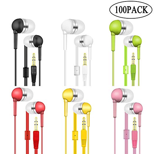 Wholesale Kids Bulk Earbuds Headphones Earphones for Classroom, Students Libraries, Hospitals 100 Pack 6 Assorted Colors Individually Bagged 100Pack