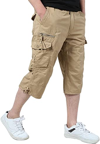 Ivnfout Men's Casual Twill Elastic Cargo Shorts Below Knee Loose Fit Multi-Pockrt Capri Long Shorts