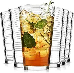 ALINK 16 oz Drinking Glasses, Set of 6 Highball Glasses, Ribbed Glassware Glass Cups, Water Glasses for Beer, Iced Coffee Cups, Cocktail Glasses, Wine, Iced Tea, Dishwasher Safe