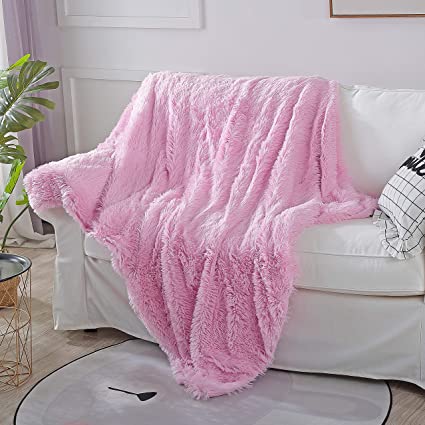 Reafort Luxury Long Hair Shaggy PV Fur Faux Fur Oversized Throw Blanket(Pink, 60"X70" Throw)