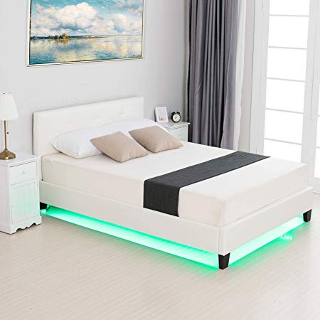 LAGRIMA Modern Upholstered Faux Leather Platform Bed with LED Light with 2.8-Inch Solid Wooden Slat Support, White, Full Size