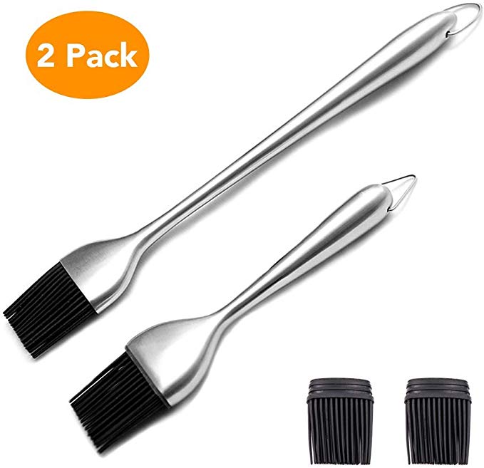 Beaverve Pastry Brush - Silicone Basting Brush for Cooking with Back up Silicone Brush Head Resistant, Heatproof Stainless Steel Kitchen Cooking Brush for Oil, Bristle Free Sauce Brush, Pack of 2