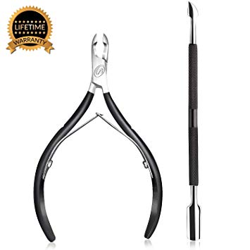 Cuticle Nipper with Cuticle Pusher- Professional Grade Stainless Steel Cuticle Remover and Cutter - Durable Manicure and Pedicure Tool - Beauty Tool Perfect for Fingernails and Toenails (Black)