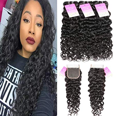 Brazilian Water Wave Bundles with Closure Unprocessed Virgin Human Hair Bundles with Closure 4x4 Free Part Curly Hair Wet and Wavy Bundles with Closure (10 12 14 with 10, Natural Color)