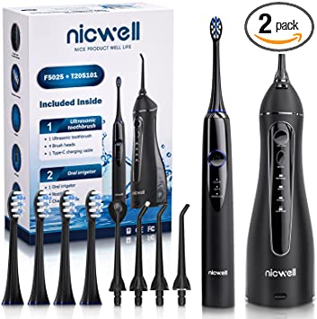 Water Dental Flosser Electric Toothbrush - Nicwell 4 Modes Dental Oral Irrigator, Portable and Rechargeable IPX7 Waterproof Powerful Battery Life Water Teeth Cleaner Picks for Home Travel