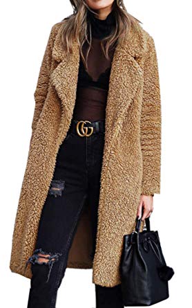 Angashion Women's Fuzzy Fleece Lapel Open Front Long Cardigan Coat Faux Fur Warm Winter Outwear Jackets with Pockets