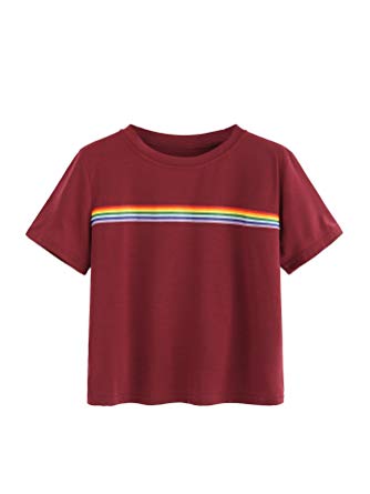 Romwe Women's Summer Rainbow Color Block Striped Crop Top School Girl Teen Tshirts