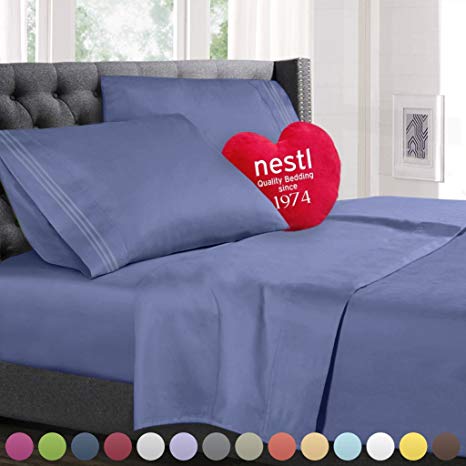 RV/Short Queen Size Bed Sheets Set Steel Blue, Bedding Sheets Set on Amazon, 4-Piece Bed Set, Deep Pockets Fitted Sheet, 100% Luxury Soft Microfiber, Hypoallergenic, Cool & Breathable