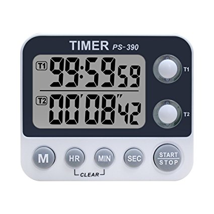 XREXS Digital Dual Kitchen Timer, Adjustable Alarm Volume Timer, Cooking Timer, Stopwatch, Large LED Display Count Up/Down Timer for Flashing/ Meeting/ Class, Magnetic Back, Battery Included