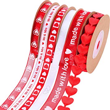 Zhanmai 6 Pieces Valentine's Day Ribbons Printed Heart Ribbons Craft Satin Ribbons for Gift Wrapping DIY Supplies