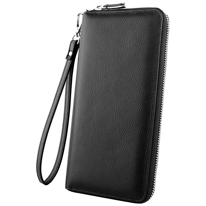 Luxspire RFID Blocking Wallet Long Handbag Large Capacity Genuine Leather Purse Clutches Bifold Multi Card Holder Organizer Phone Bag for Men Women, Black