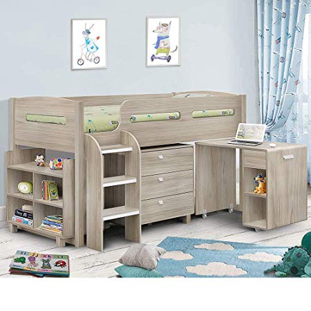 Kids Mid Sleeper Bed, Happy Beds Kimbo Oak Wood Contemporary Desk Drawers Shelf Storage Bed Cabin Bed Frame - 3ft Single (90 x 190 cm) with Orthopaedic Mattress Included