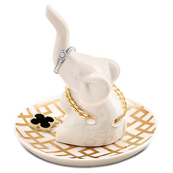 Ceramic Elephant Ring Holder White & Decorative Gold | Ring, Bracelet, Jewelry, Trinket Tray/Dish | Great for Wedding Ring, Earrings, Diamond Ring & Engagement Ring Holder | Office & Home Decor