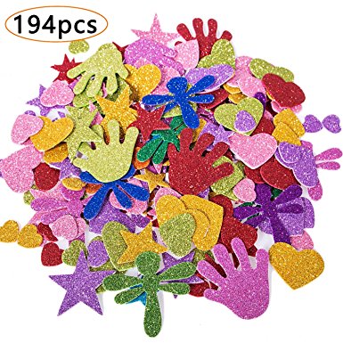 194 pieces Foam Glitter Stickers, EVA Foam Sticker,Star,hand dragonfly and Mini Heart Shapes for DIY Decoration
