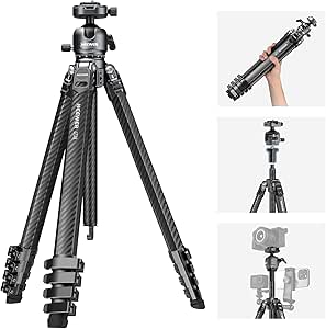 NEEWER LITETRIP LT38 61" Travel Tripod Carbon Fiber for Camera, 360° Pan Tilt Low Profile Ball Head, Flexible Center Axis, Arca QR Plate Compatible with Peak Design Tripod Clip V3, Max Load 22lb