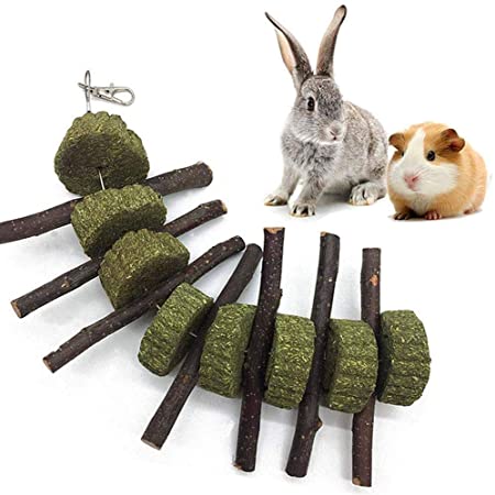 Ewolee Bunny Chew Toys, Pet Treats Toy with Organic Apple Wood Sticks and Grass Cakes, Small Pet Teeth Grinding Toy for Rabbits Guinea Pigs Chinchilla Hamster Parrots, 1 Pack