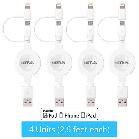 [Apple MFi Certified][4-Pack] Skiva Cord2Go Duo (2.6ft/0.8m) Retractable Flat Charge and Sync 2-in-1 Cable with Lightning & microUSB connectors for iPhone X 8 8Plus 7 7 , Samsung & More [Model:CB146]