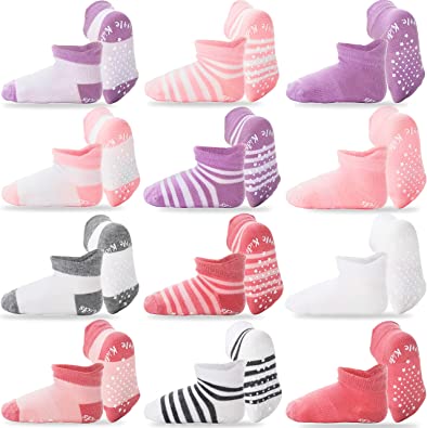 12 Pairs Baby Toddlers Ankle Non Slip Grips Socks for Infant Boys Girls Kids Anti Skid Cotton Socks