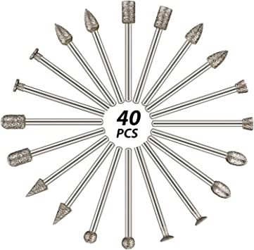 60 Grit 40 Pieces Diamond Burr Set Rotary Grinding Burrs Drill Bits Set Diamond Burr Bit with 1/8 Inch Shank, Diamond-Coated Stone Carving Accessories Bit Universal Fitment for Rotary Tools