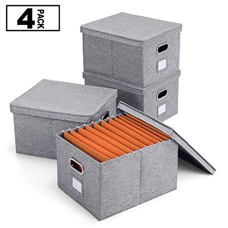 Magicfly Collapsible File Box with Lid and Metal Handle, Pack of 4, Decorative Documents Storage Organizer with Linen Filing, Home & Office Bin, Letter and Legal, Gray, Bonus 10 Hanging File Folders