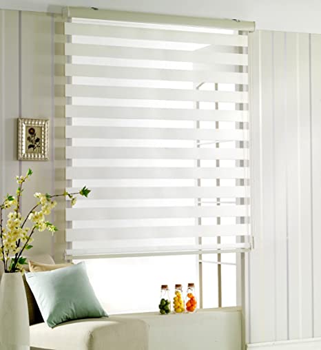 Woodlook 64, White, W 35 x H 64 inch Zebra Roller Blinds, Dual Layer Shades, Sheer or Privacy Light Control, Day and Night Window Drapes, 10 to 110 inch Wide