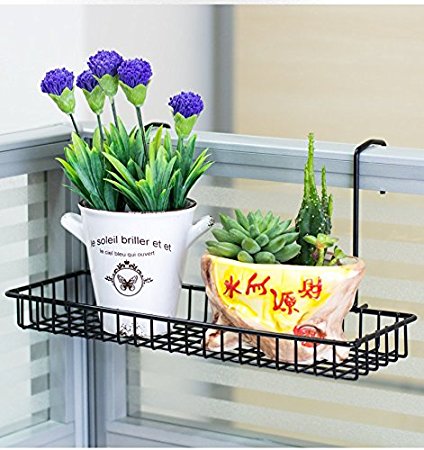 Chris-Wang Iron Wire Outdoor Rectangle Plant Caddy, Patio Fence Deck Porches Railing Shelf Flower Pots and More Holder, Space-Saving Office Cubicle Grid Works Sundries Storage Rack(Black)