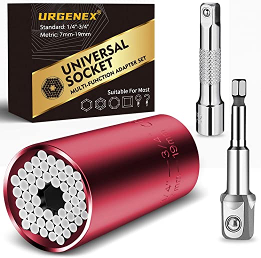 URGENEX Universal Socket Gift For Men - 3Pcs Universal Socket (7-19mm) Grip Tool Wrench Sets Repair Kit with Power Drill & Ratchet Wrench Adapter Gift For Dad, Boyfriend, Husband, Diy Handyman Red