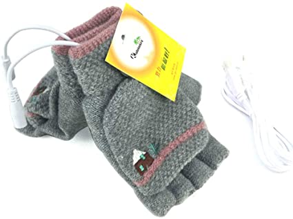 Women's & Men's USB Heated Gloves Mitten Winter Hands Warm Laptop Gloves, Knitting Hands Full & Half Heated Fingerless Heating Warmer Washable Design (Gray)