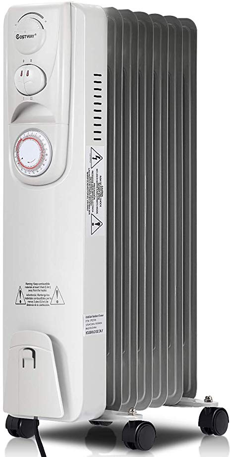 COSTWAY Oil Filled Radiator Heater, 1500W Portable Heater with 3-speed heating, 7-Fin w//Timer Thermostat, Overheat & Tip-Over Protection, Electric Heater for Bedroom, White