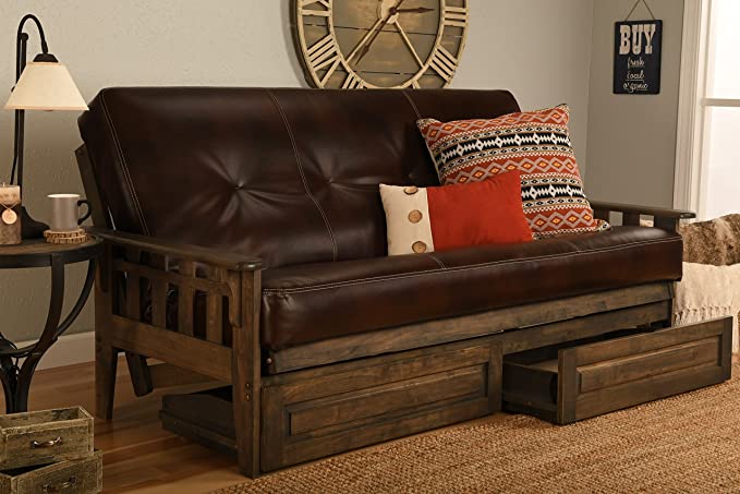 Jerry Sales Tucson Rustic Walnut Frame and Mattress Set with Choice to add Drawers, 8 Inch Innerspring Futon Sofa Bed Full Size Wood (Leather Cappuccino Matt, Frame and Drawers)