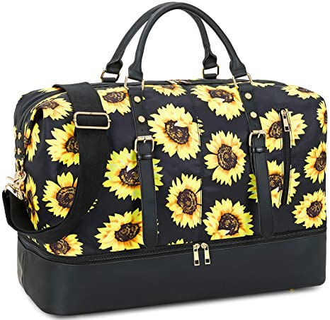 Weekender Carry On Tote Overnight Bag for Women Travel Duffle with Bottom Shoe Compartment(Sunflower Black)