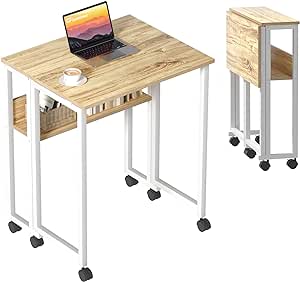 GreenForest Folding Desk Small Rolling Desk with Storage Shelf,24.8 inch Foldable Computer Desk with Wheels for Small Space,Easy Assembly,Oak