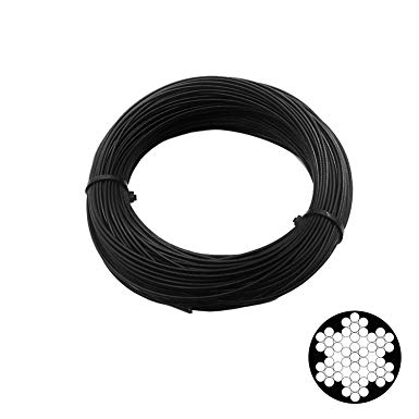Stainless Steel 304 Black Wire Rope, Vinyl Coated, 7x7 Strand Core,Wire Rope OD is 1/16"，Coated OD is 3/32"， 328' Length, 326 lbs Breaking Strength