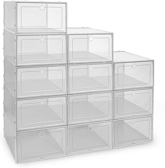 IPOW 12 Pack Thickened Clear Plastic Stackable Shoe Boxes, Foldable Shoe Organizer Sneaker Shoe Containers Shoe Storage Bins Drop Front Shoe Storage Boxes for Men, Women & Kids