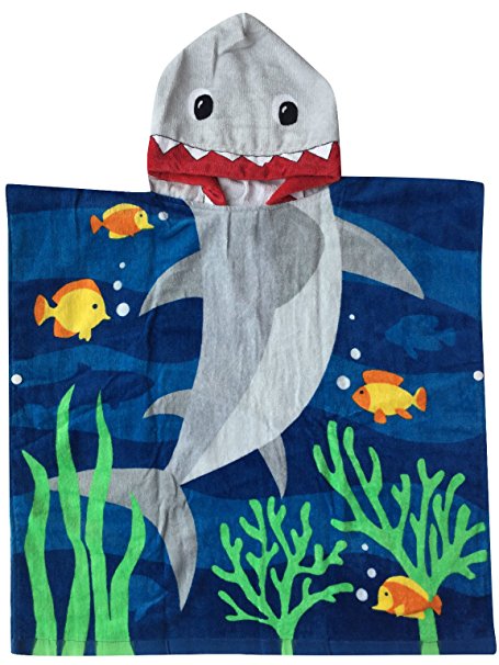 Hooded Towel for Age One to Six Year Toddler/ Kid Boys, 100% Premium Cotton, Use for Bath Beach and Pool, Extra Large Size 24X48 inches, Ultra Breathable and Soft for All Seasons, Shark Theme