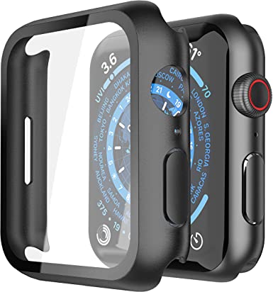 [2 Pack] Langboom Black Hard Case Compatible for Apple Watch Series 7 45mm with Tempered Glass Screen Protector, HD Clear Ultra-Thin Overall Protective Cover for iWatch