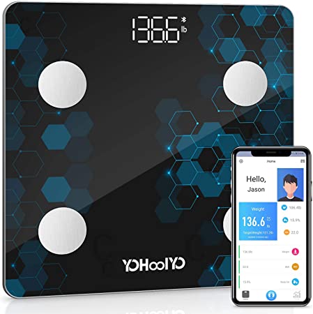 Bathroom Body Fat Scale, Smart Wireless Digital Weight Scale, Body Composition Analyzer with Smartphone App sync with Bluetooth for Water, BMI, BMR, Muscle Mass(400 lbs) by YOHOOLYO