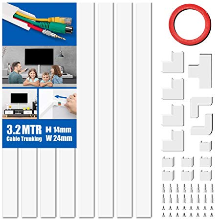 Cable Concealer, 3.2 Meter Cable Trunking Kit, Self Adhesive Wall Cable Tidy, Cable Cover, Hiding Wall Mount TV Powers Cords in Home Office, 8X L400mm, W24mm X H14mm