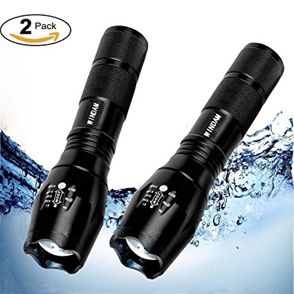 Windam Zoomable Water Resistant Bright LED Flashlight with 2000LM Torch Adjustable for Outdoor Bottom Click (2 in pack,black)