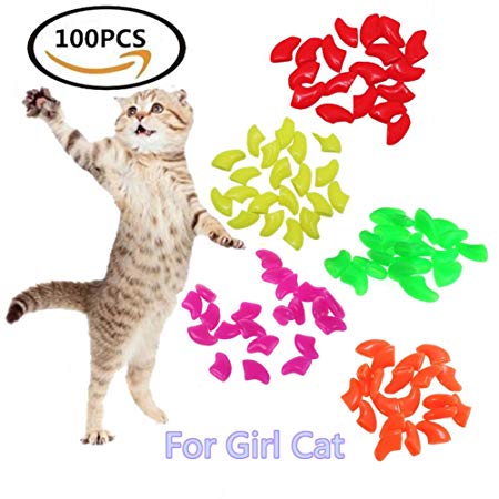 KAHIOE 100Pcs Cat Nail Caps - Boy Girl Cat Soft Paws of 5 Different Colors 5Pcs Adhesive Glue and 5pcs Applicator with Instructions