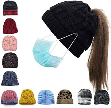 Womens Ponytail Beanie Hat with Button for Mask,Criss Cross Winter High Messy Bun Beanie Hat with Ponytail Hole