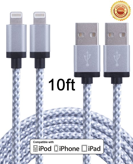Bestfy 2Pack 10FT Extra Long Nylon Braided 8pin to USB Sync Data and Charging Cable Cord Wire with Alumnium Heads for iPhone 66 Plus6s6s Plus iPhone 5 5c 5s iPad 4 Mini Air iPod Nano 7 iPod Touch 5