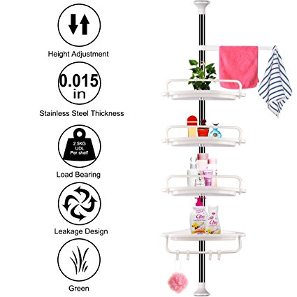 Shower Caddy,LASUAVY 4 Tier Adjustable Stainless Telescopic Bathroom Shelf/Shower Organiser Shelf-Heavy Duty/Easy Fitting/No Drilling Required/Adjustable Height:37.4"~118"