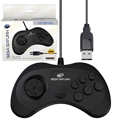 Retro-Bit Official Sega Saturn USB Controller Pad for Sega Genesis Mini, PC, Mac, Steam, RetroPie, Raspberry Pi - USB Port - Black