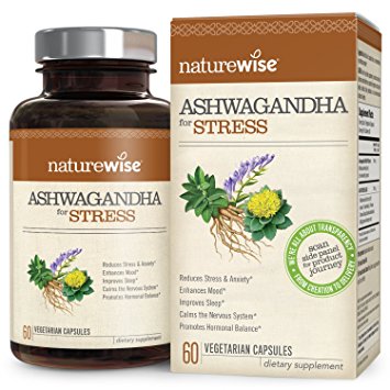 NatureWise Ashwagandha for Stress Relief — KSM 66 Ashwagandha Organic Extract with GABA, Rhodiola Rosea, Chinese Skullcap & L-Theanine for Everyday Stress & Anxiety Relief, 60 veggie capsules